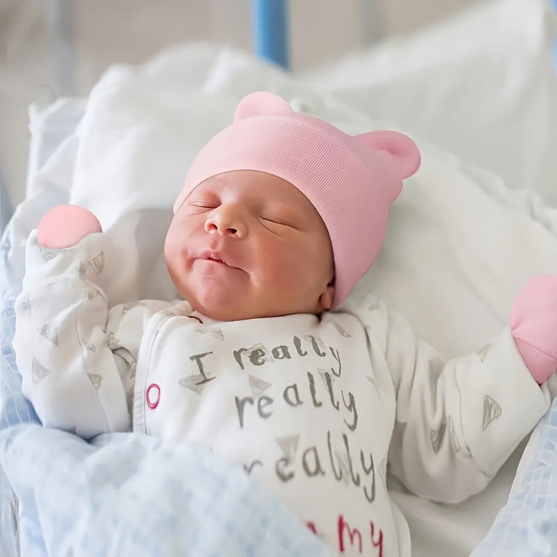 6pcs Baby Hat Set Solid Color Warm Earmuffs Newborn Baby Swaddle Hat Anti-Grab Gloves