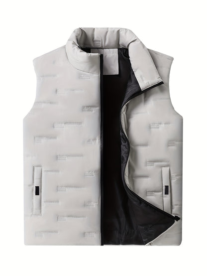 Men's Casual Stand Collar Vest, 100% Polyester Solid Color, Warm Fall/Winter Outerwear with Pockets, Non-Stretch Woven Fabric, Regular Fit - 120gsm