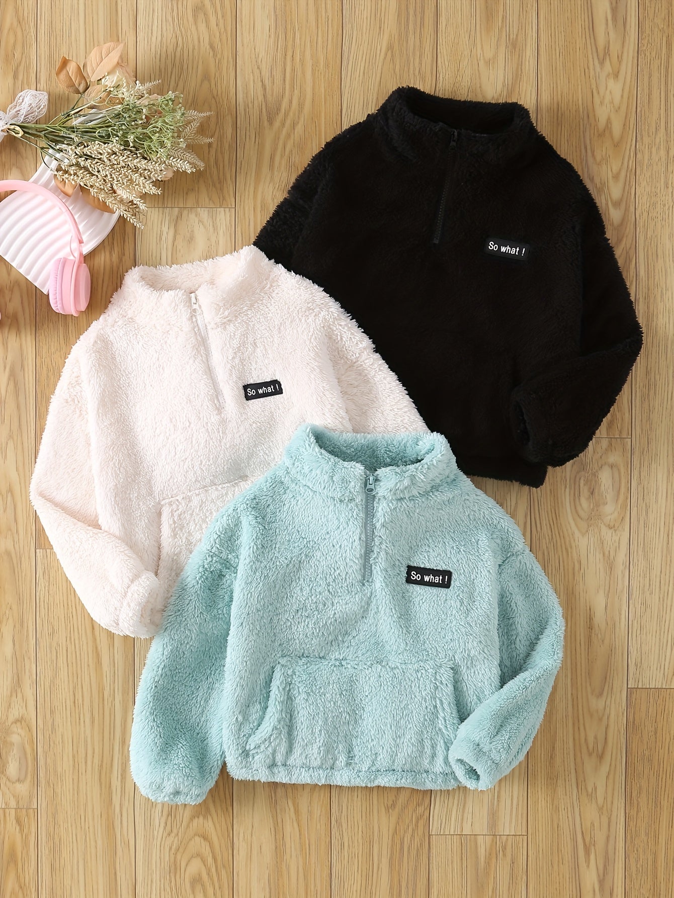 3pcs Set Girls' Fall Outerwear Tops Korean Style Fashionable Girls' Clothing 4-14 Years Warm Long-Sleeve Hoodies Fleece-Lined Outdoor Kids' Clothing