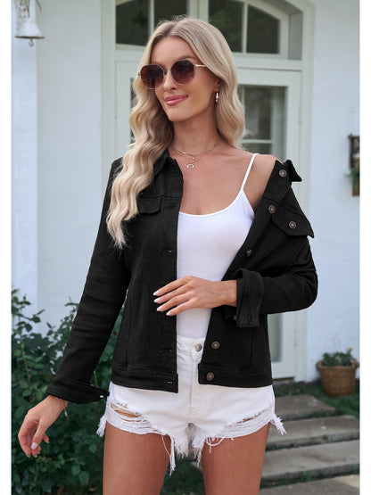 Women'S Retro-Wash Cropped Denim Jacket: Slim-Fit Button-Front Coat - Casual Everyday Denim Jacket, Perfect For Spring & Autumn Layering - Pairs Beautifully With Jeans, Dresses, And Skirts