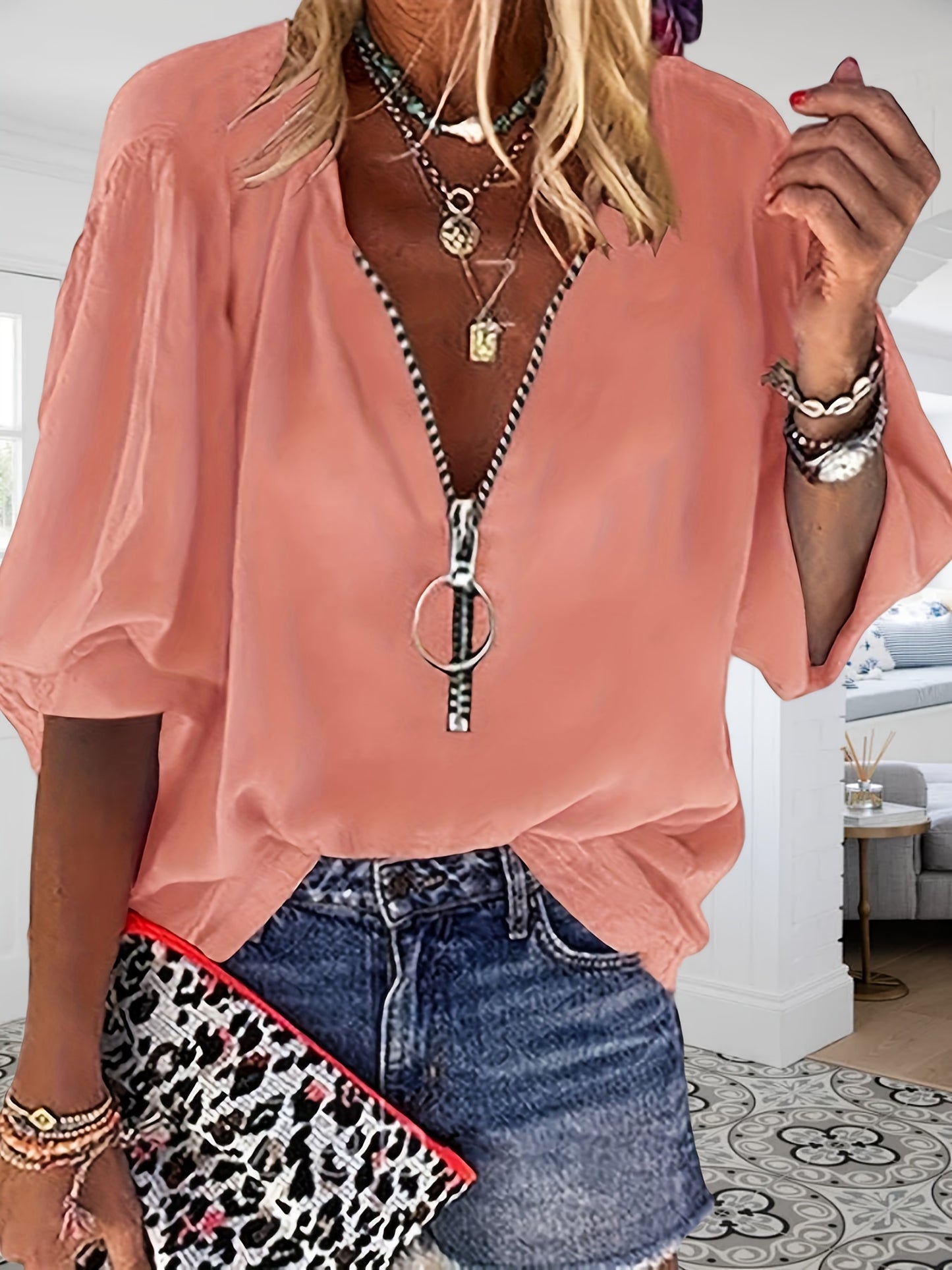 Solid Color Zipper Up Blouse, Casual V Neck Long Sleeve Blouse For Spring & Fall, Women'S Clothing