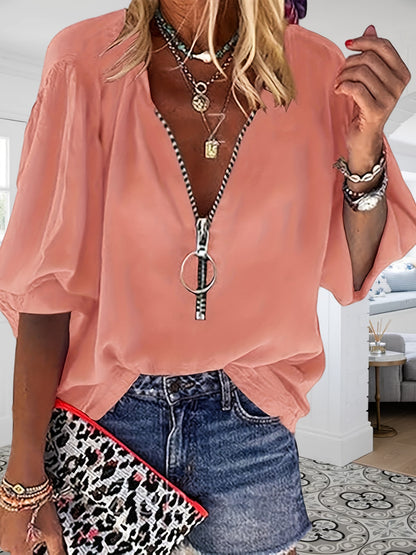 Solid Color Zipper Up Blouse, Casual V Neck Long Sleeve Blouse For Spring & Fall, Women'S Clothing