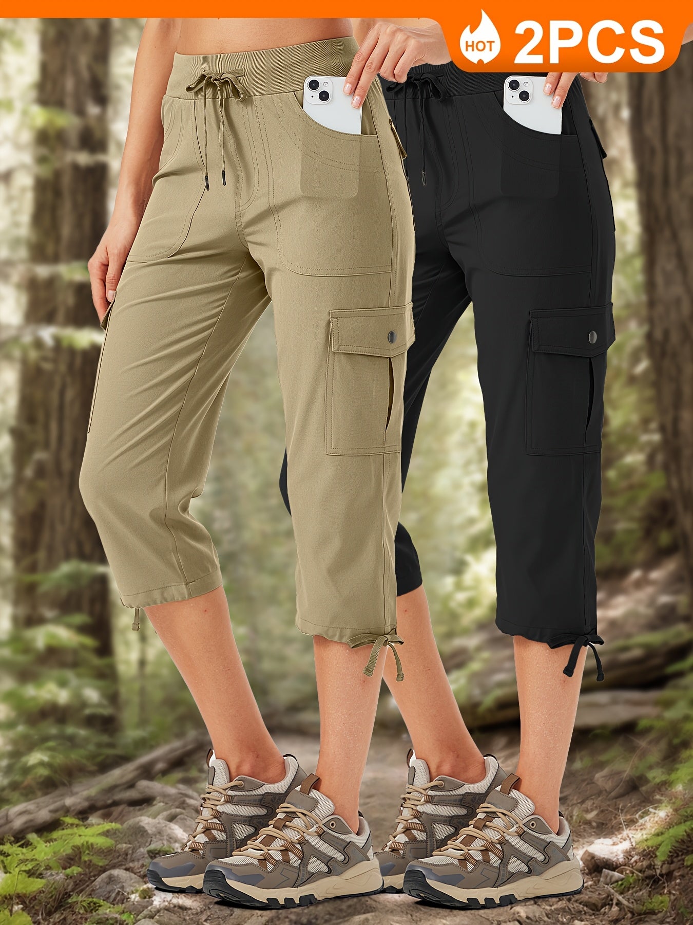 2pcs Women'S Cargo Capris Hiking Pants 50+ Quick Dry Outdoor Athletic Travel Lightweight Casual Loose Comfy Cute Pockets