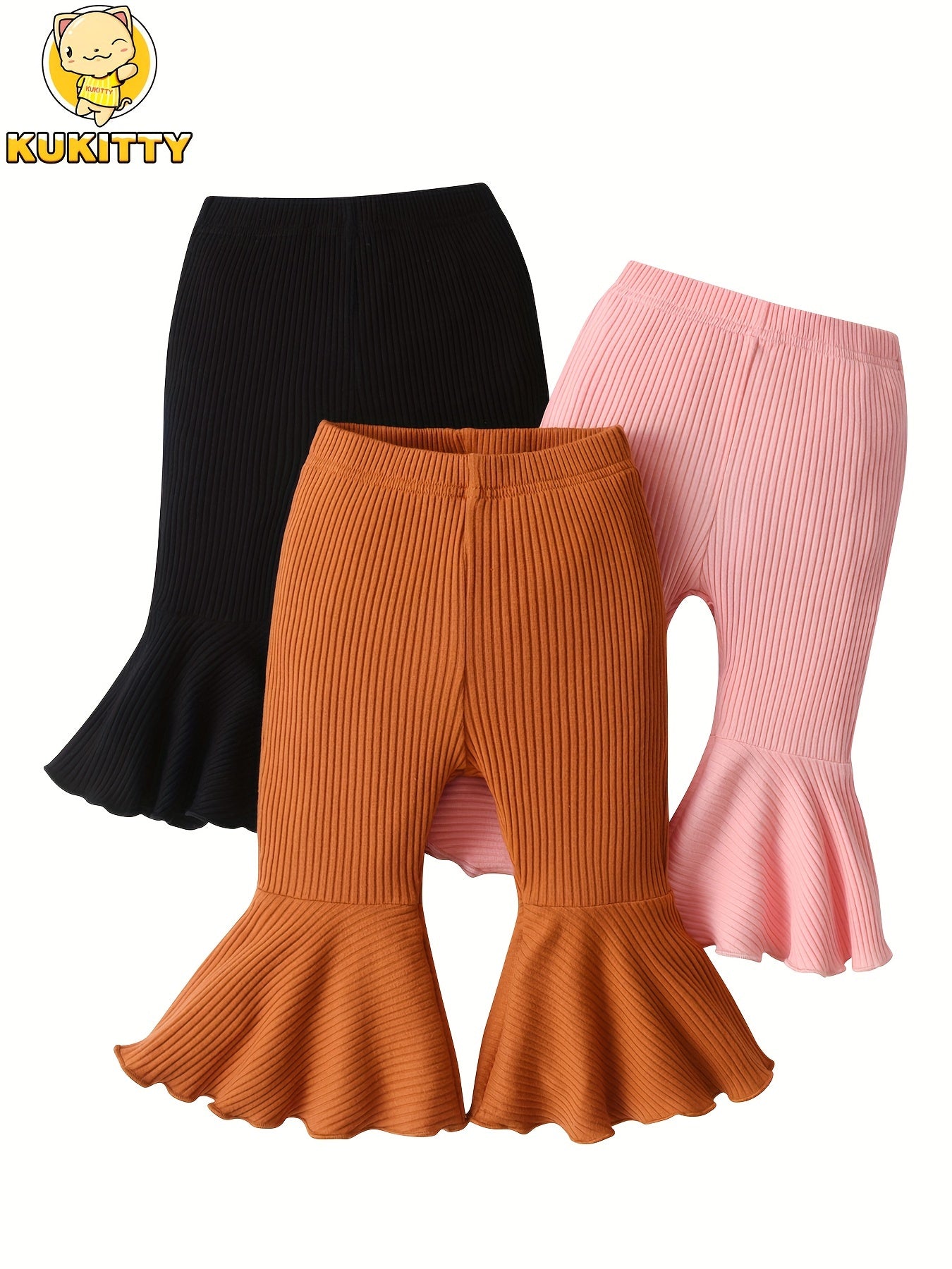 Kukitty Infant Baby Girl 3pcs Solid Color Flare Pants Casual Ribbed Leggings, for Outdoor