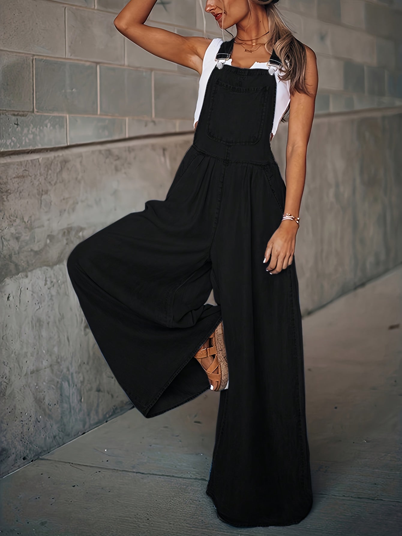 Women's Loose Adjustable Shoulder Straps, Loose Wide Leg Large Pocket Denim Shoulder Strap Pants, Women's Jeans And Clothing