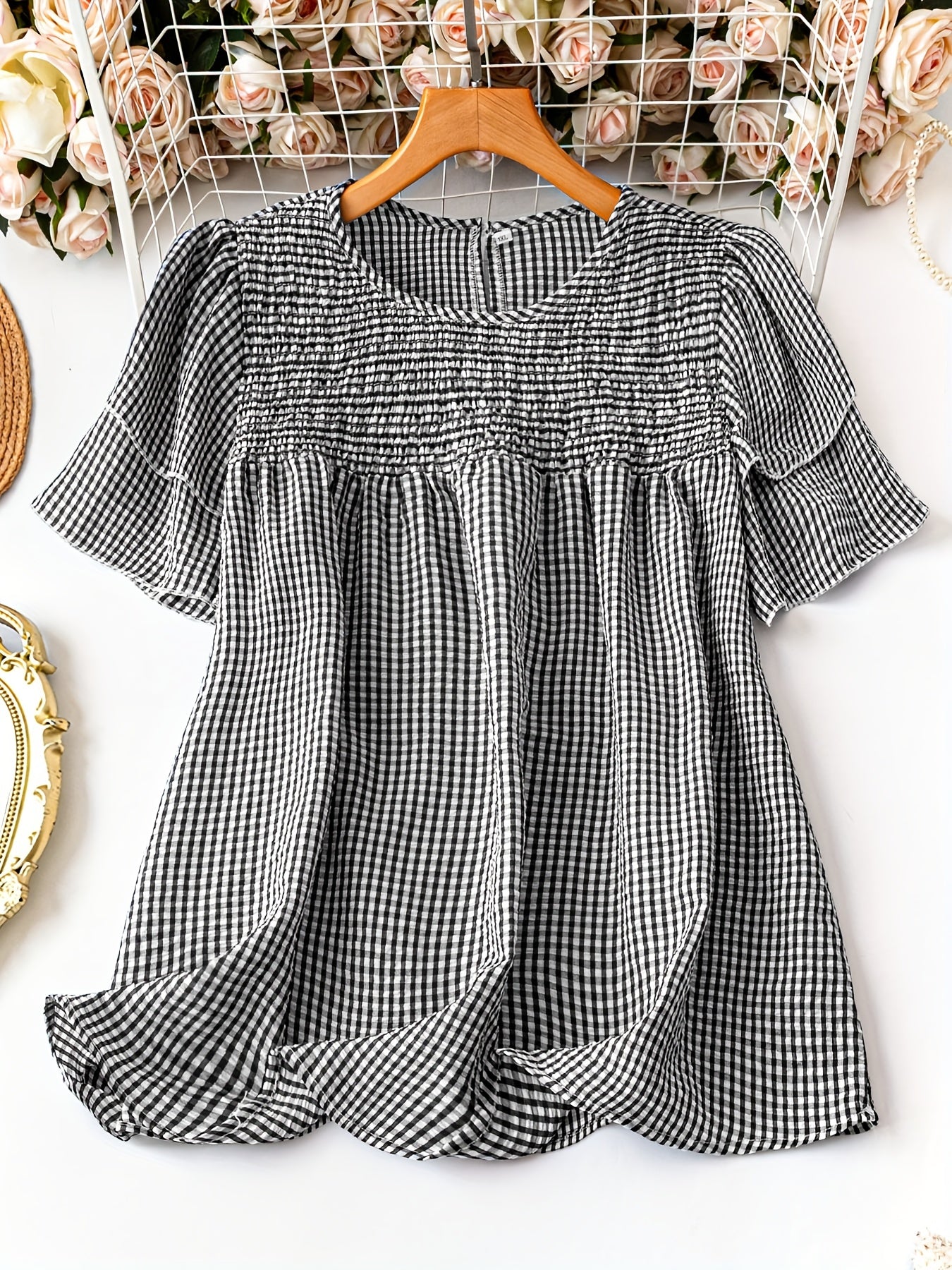 Plus Size, Women's Plus Size Short Sleeved Checkered Shirt Summer Casual Round Neck Outdoor Casual Top
