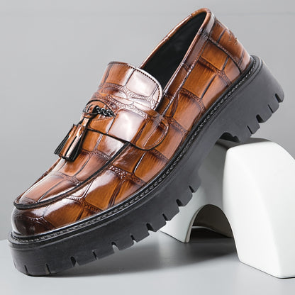 [Printed Platform Loafers] Men's Printed Platform Slip-On Penny Loafers Fashion Round Toe Tassel Decoration Non-Slip Lug Sole Business Dress Shoes for Driving Office Party