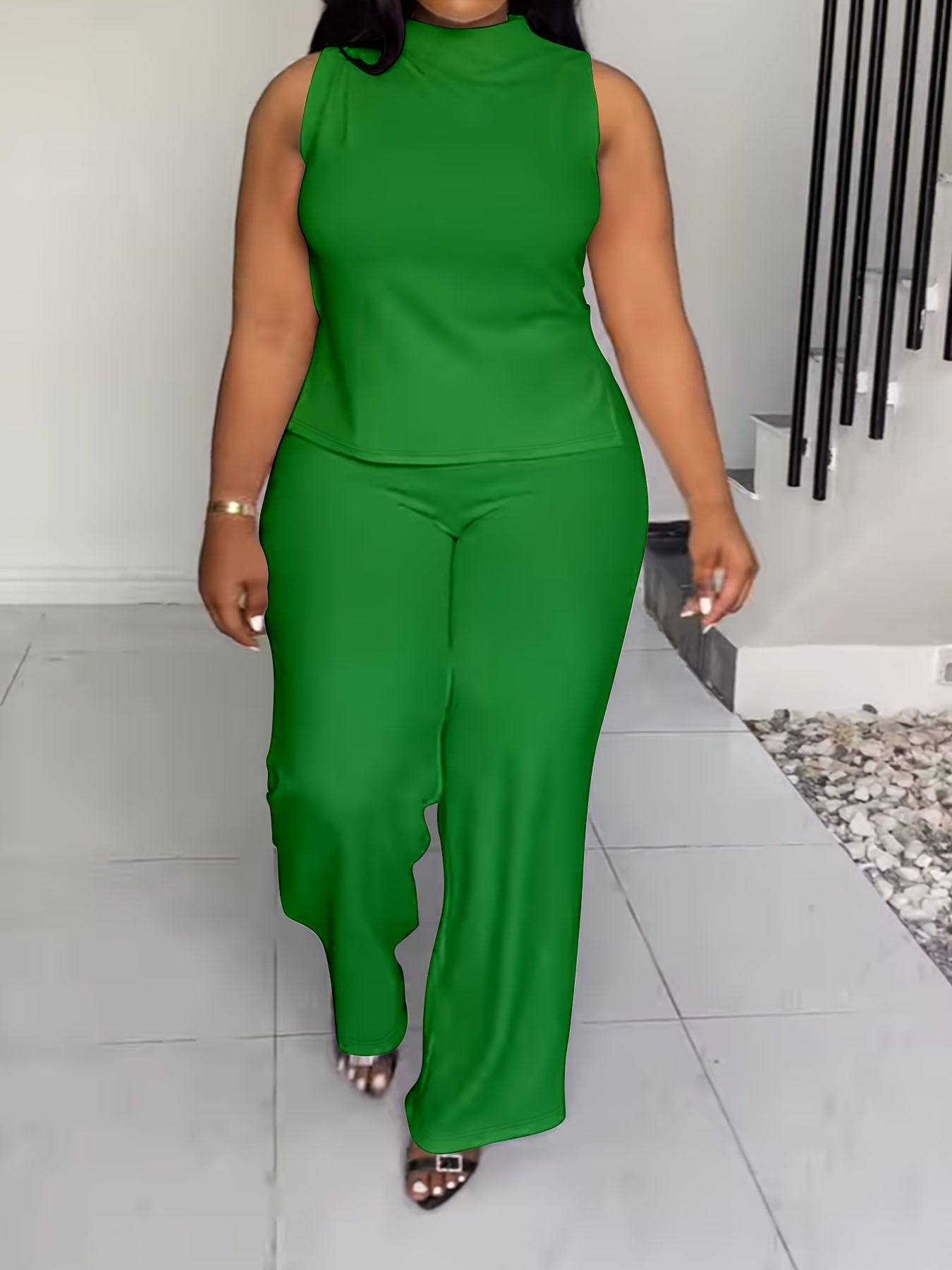 Women's Green Polyester Sleeveless Wide-Leg Pants - product view 12