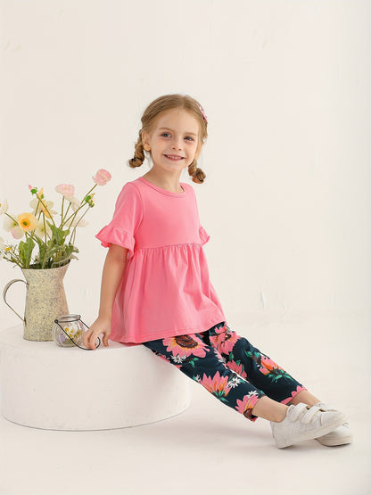 KuKitty Toddler Baby Girl Clothes Solid Color Flared Sleeve Ruffle Tops Sunflower Print Pants Outfits Set, Perfect for Outdoor