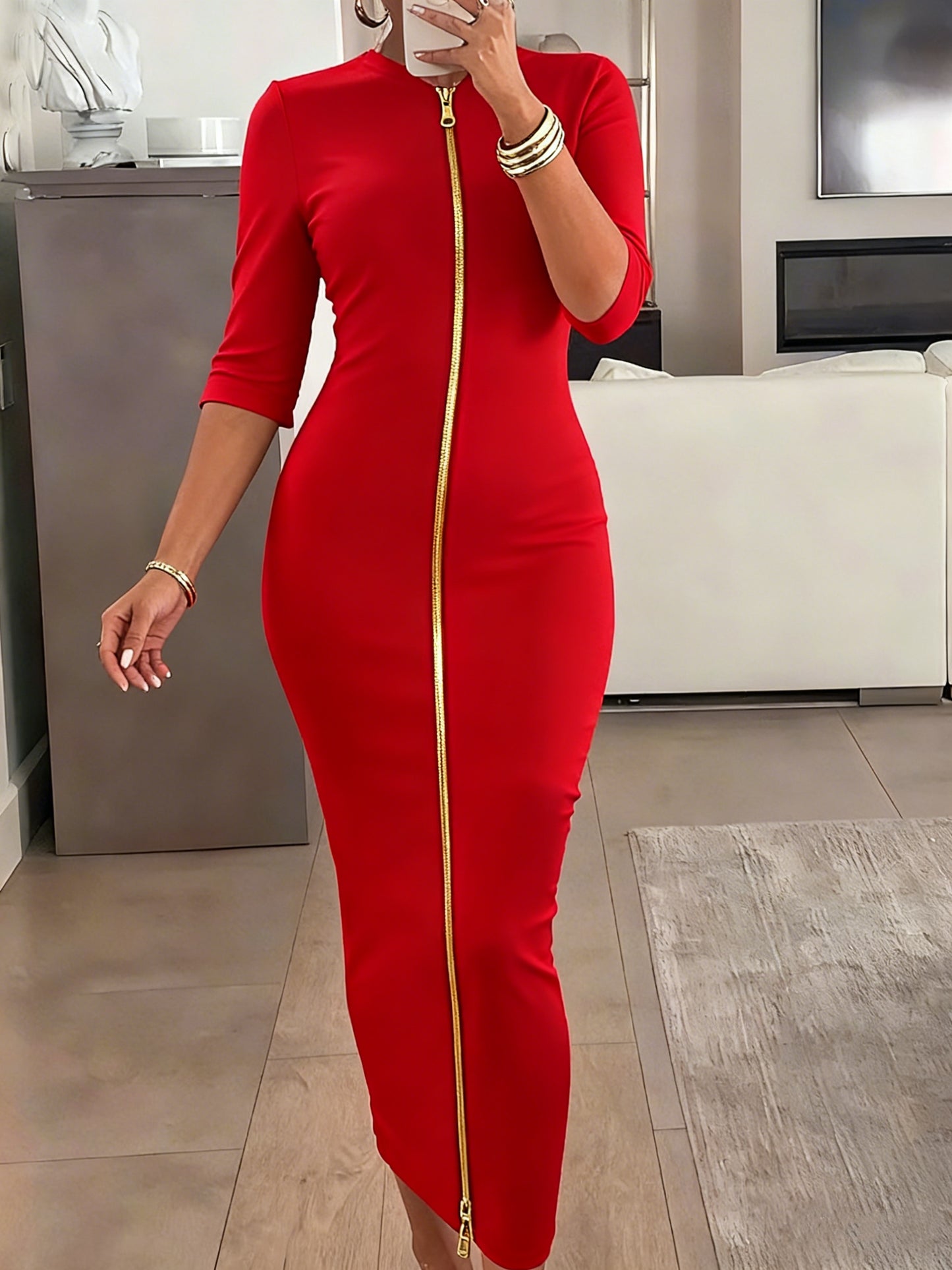Elegant and Simple, Slim-fit Cut, Zipper Design, Boat Neckline, Mid-length Short-sleeve Dress, Cardigan Dress, Suitable for Fashionable Women, Short-sleeve Dress for Spring, Summer, and Autumn