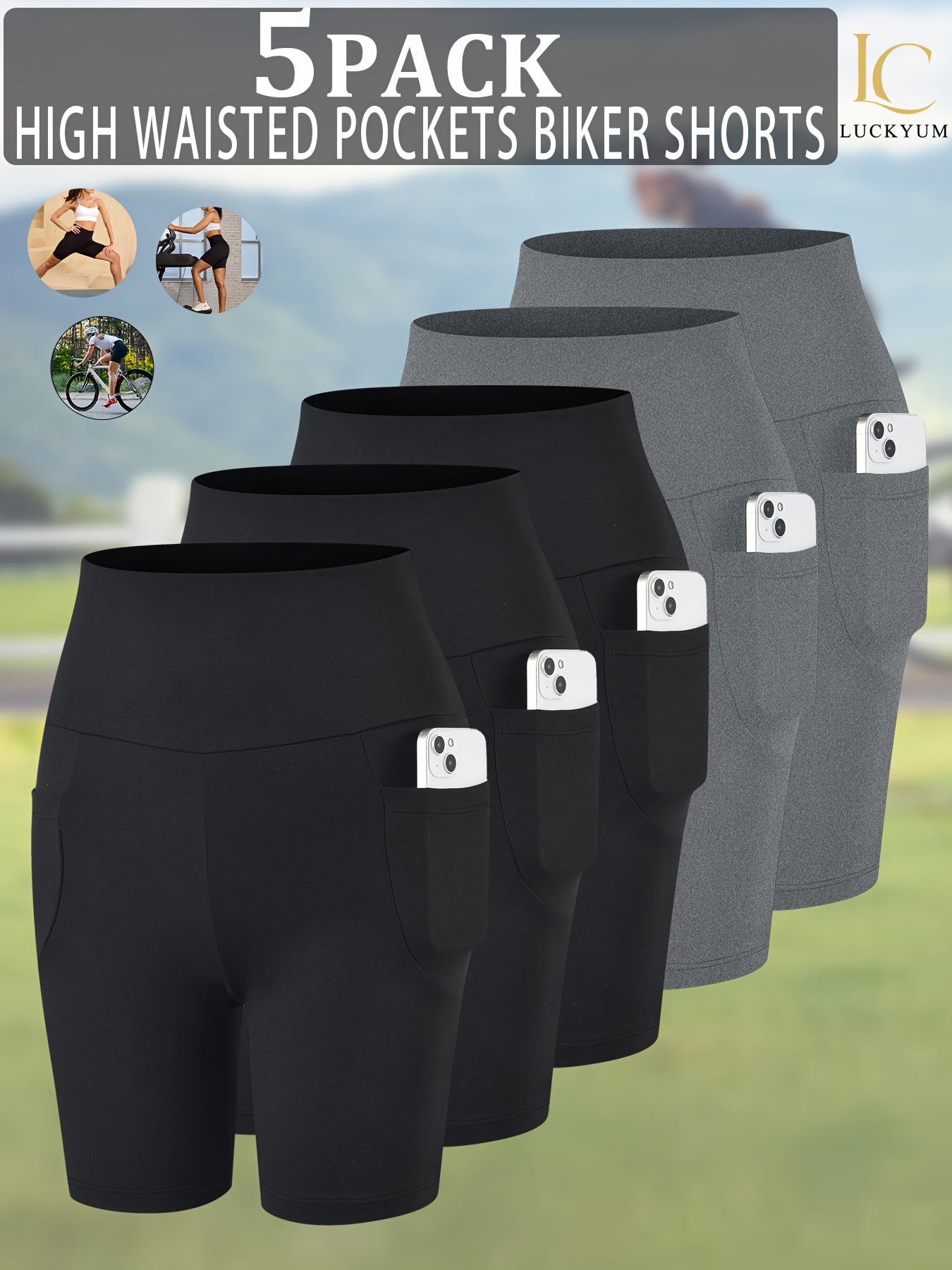 5 Pack 5" High Waisted Biker Shorts for Women with Pockets, Super Soft Tummy Control No See Through Workout Running Yoga Athletic Shorts, 6"Inseam RUNNING