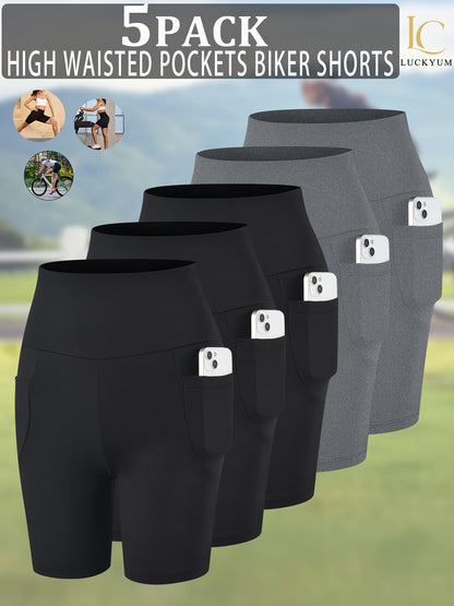 5 Pack 5" High Waisted Biker Shorts for Women with Pockets, Super Soft Tummy Control No See Through Workout Running Yoga Athletic Shorts, 6"Inseam RUNNING