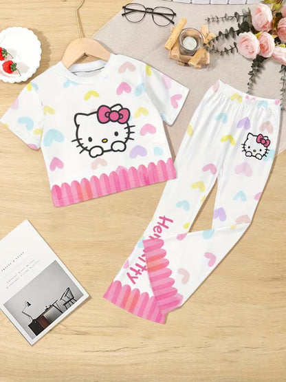 Sanrio-licensed Hello Kitty for My Melody Keroppi Pachadog Girls' Short-sleeved Top and Pants Set, Featuring a Cute Hello Kitty Printed T-shirt and Flare Pants, Perfect for Daily Wear and Outdoor Activities., Perfect for Outdoor