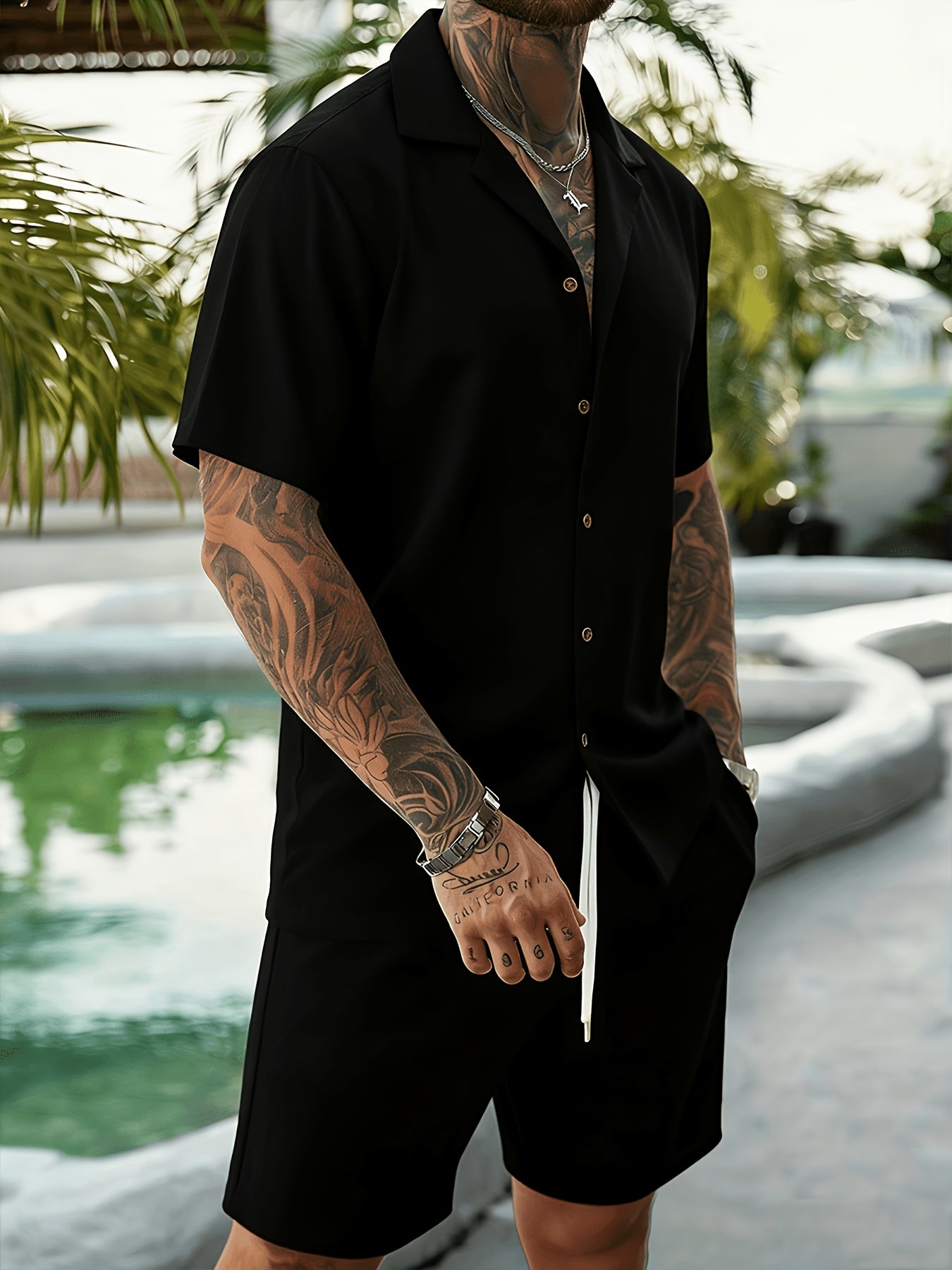 2pcs/Set Men's Solid Color Button- Hollow Shirt And Shorts Set, Vacation Solid Color Husband Casual Wear, Suitable for Vacation, Seaside Beach, Daily Leisure, Summer Wear Men Vacation Outfits Men 2pcs Outfits Summer, Cozy Outfits