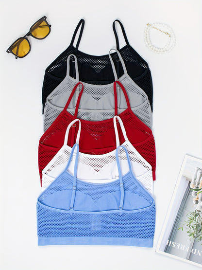 5pcs Multi-Color Seamless Sexy Hollow Out Breathable Fishing Net Outer Wear Daily Bra And Seamless Adjustable Straps Casual Ladies Camisole Tank Bra