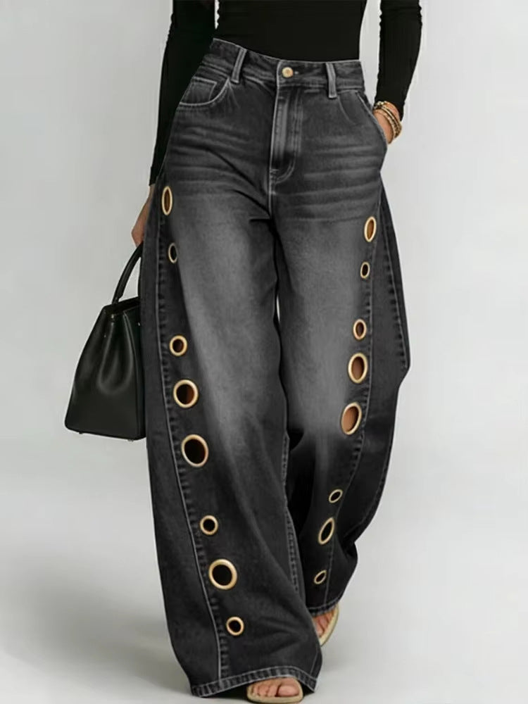 [Casual High-Waisted Jeans] New Women's Jeans 2026 with Metallic Eye Design - Casual Loose High-Waisted Wide Pants for Women