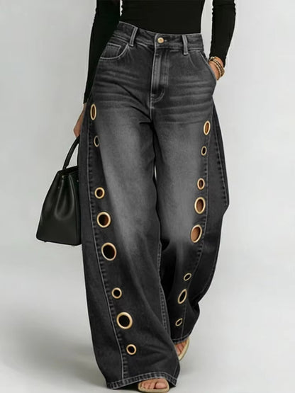 [Casual High-Waisted Jeans] New Women's Jeans 2026 with Metallic Eye Design - Casual Loose High-Waisted Wide Pants for Women