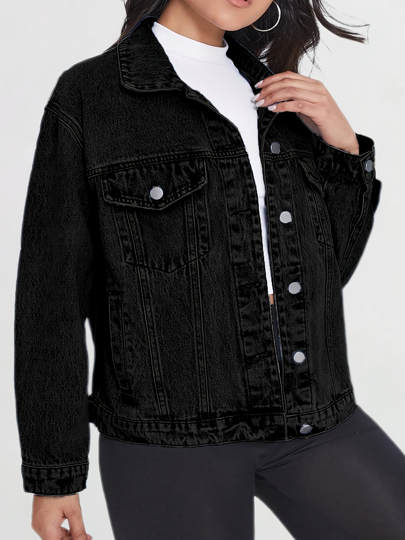 Womens Black Denim Jacket Spring Fall Lightweight Blend Cropped Length Classic Lapel Collar Front Button Closure Multiple Pockets Casual Chic Style Versatile Layering Piece Comfortable Soft Lining Modern Fit Sleeve Cuff Adjustable Feature