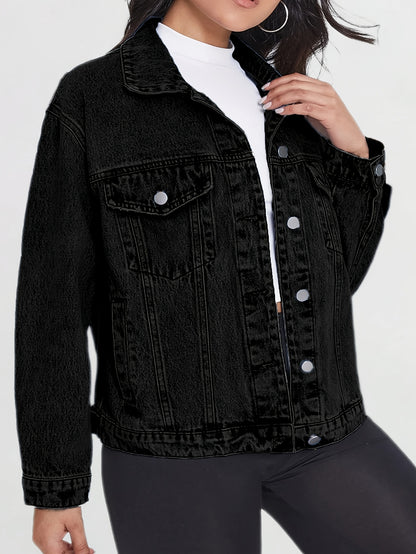 Womens Black Denim Jacket Spring Fall Lightweight Blend Cropped Length Classic Lapel Collar Front Button Closure Multiple Pockets Casual Chic Style Versatile Layering Piece Comfortable Soft Lining Modern Fit Sleeve Cuff Adjustable Feature