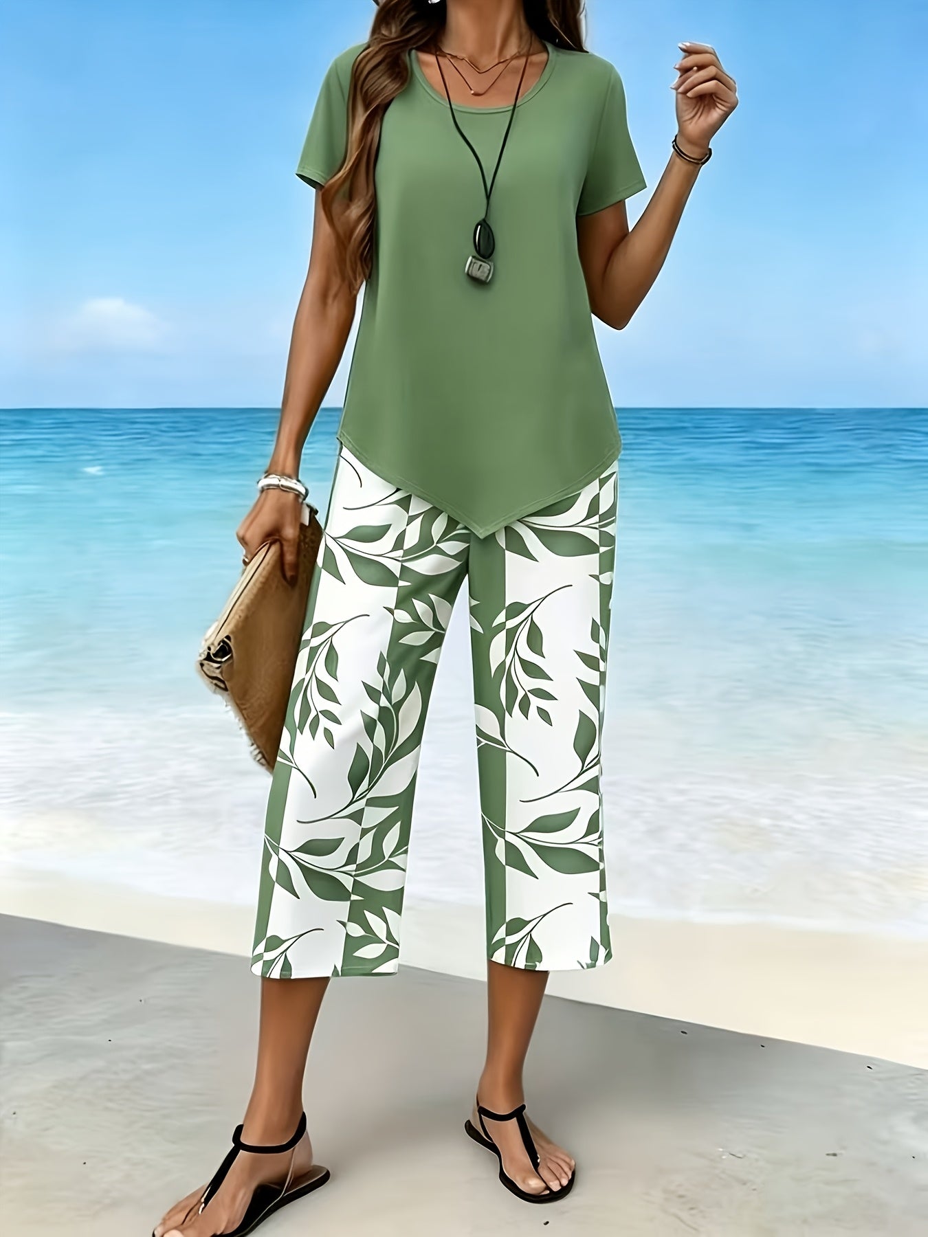Women'S Spring/Summer Casual Two-Piece Set: Short Sleeve Round Neck Top with 7/8 Wide-Leg Pants, Loose Comfortable, Versatile for Daily Outings, Home, And Commuting