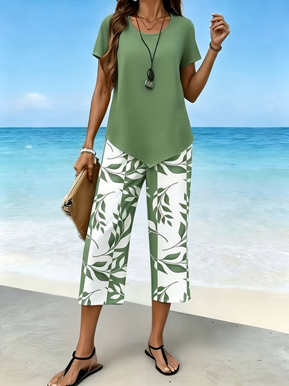 Women'S Spring/Summer Casual Two-Piece Set: Short Sleeve Round Neck Top with 7/8 Wide-Leg Pants, Loose Comfortable, Versatile for Daily Outings, Home, And Commuting