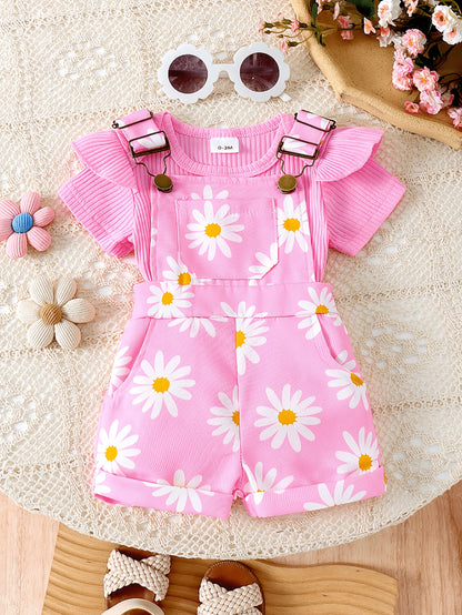 Random 1 Sets Baby Girl Clothes Ribbed Short Sleeved Triangular Jumpsuit Printed Overalls Set, for Outdoor