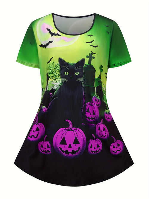 Plus Size - Plus Size Casual Halloween Print Pants Set, Short Sleeve Crew Neck T-shirt & High Waist Flare Leg Pants Outfits, Women'S Plus Size Clothing