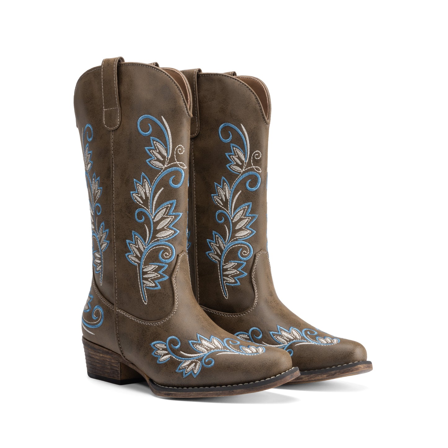 DREAM PAIRS Women's Cowboy Cowgirl Western Mid Calf Boots Square Toe Embroidered Stitched Pull On Country Boots with Low Chunky Heel