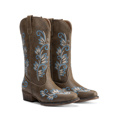 DREAM PAIRS Women's Cowboy Cowgirl Western Mid Calf Boots Square Toe Embroidered Stitched Pull On Country Boots with Low Chunky Heel