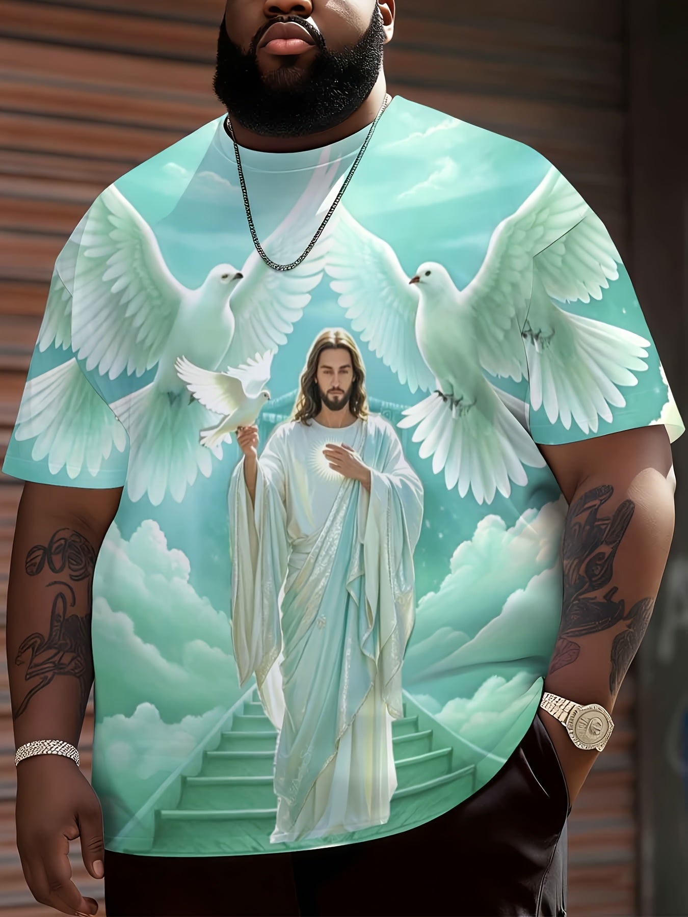 Jesus Christ With Doves And Heavenly Stairs Religious Christian T-Shirt For Men Full Print Design Faith Inspired Apparel, Plus Size