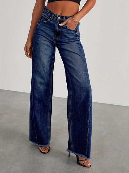 Women's High-Waisted Wide Leg Jeans - Casual Baggy Stretch Denim Pants with Pockets