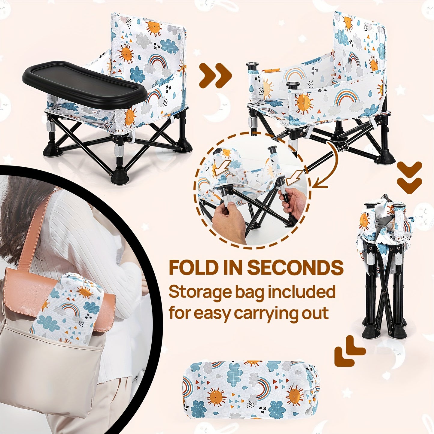 Foldable Baby Portable Dining Chair, Portable Baby Chair Baby Beach Chair, Baby Camping Chair with Tray for Baby Girl, Design Straps to Kitchen Chairs, Indoor/Outdoor Use As Hallowee & Christmas