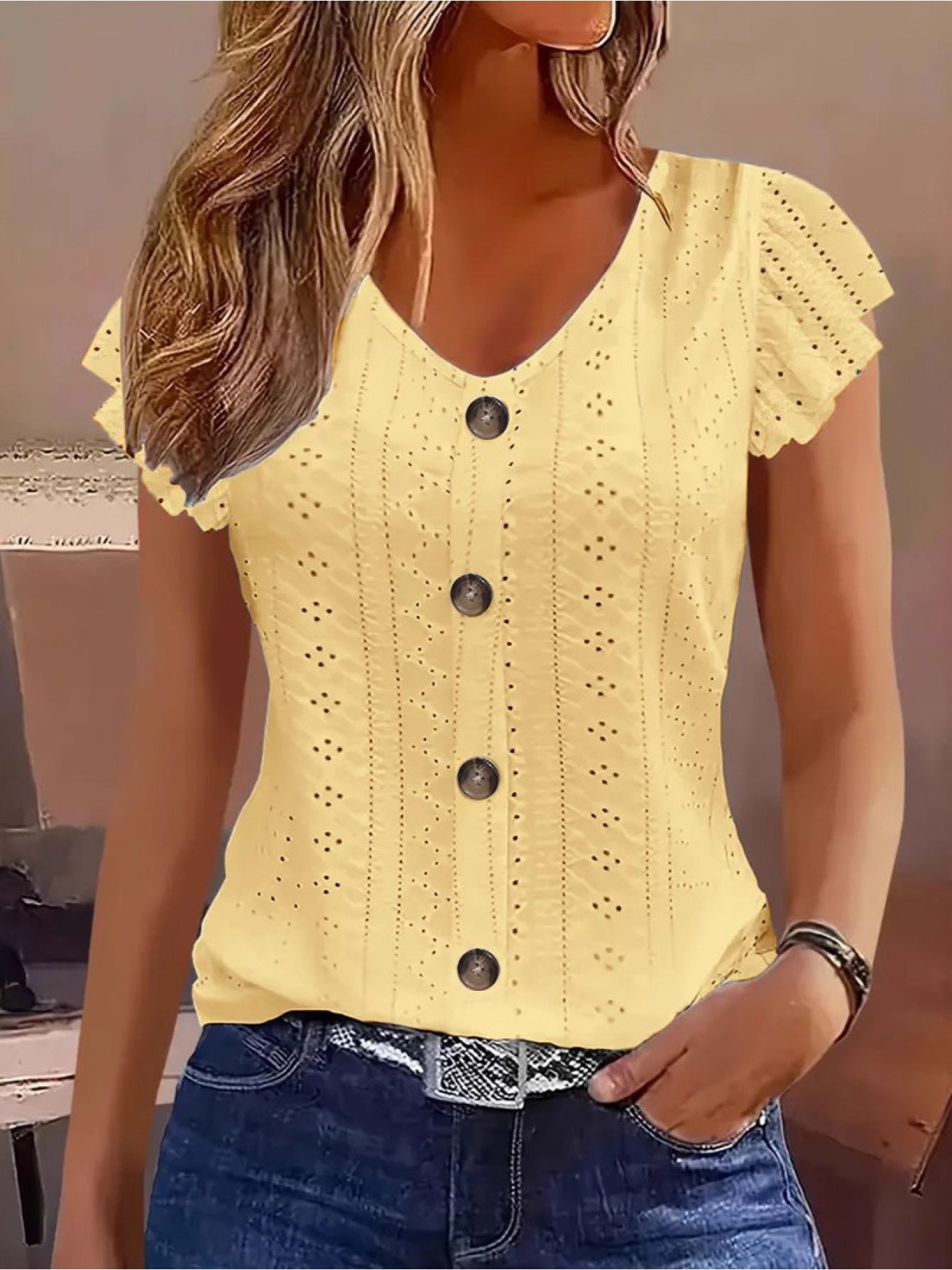 Women's Elegant V-Neck Ruffled Short Sleeve Top with Decorative Buttons, Casual Eyelet Embroidered Jacquard T-Shirt for Spring& Summer, Women's Clothing