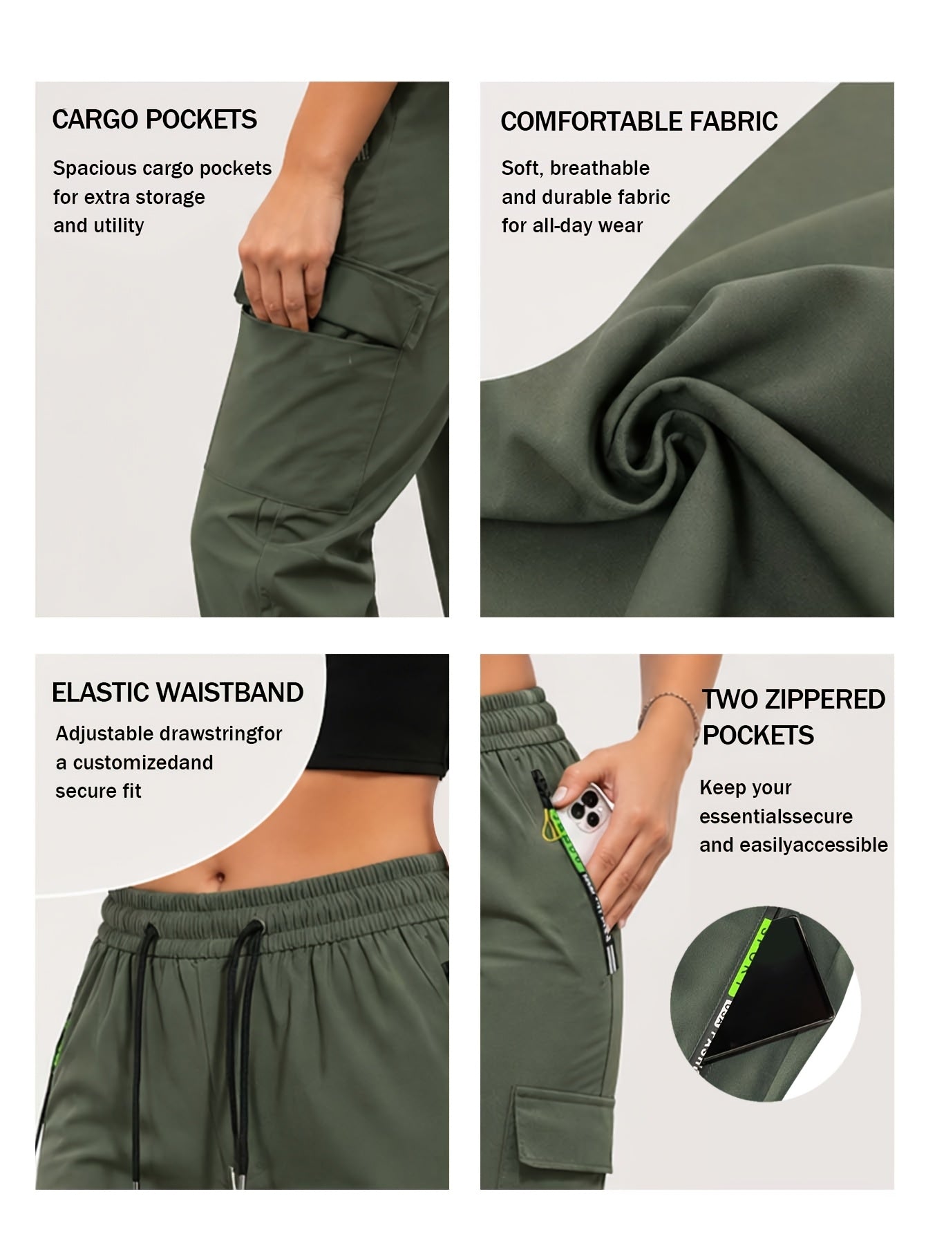 Women'S Heavy-Duty Cargo Pants with Multi-Zipper Pockets & Neon Green Zippers - Belt-Like Waist Drawstring, Full-Length Trousers for Outdoor, Travel - Casual Pants (Neon Green Accent, Spring/Fall) - No-Leg-Slip Design