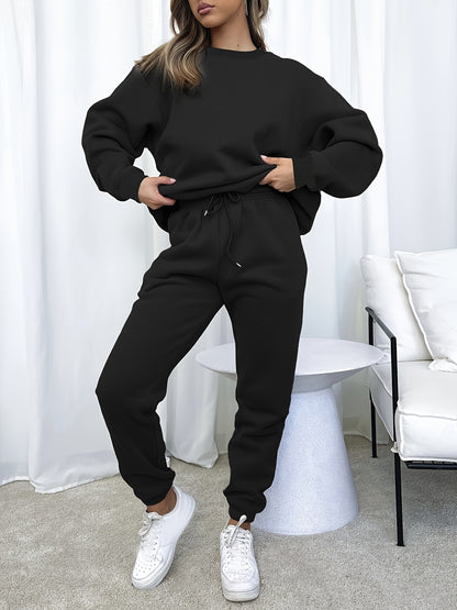 [Casual 2pcs Suit] Women's Casual Fashionable & Versatile 2pcs Suit | Autumn & Winter Solid Color Loose Pullover Sweatshirt + Elastic Waist Drawstring Pants