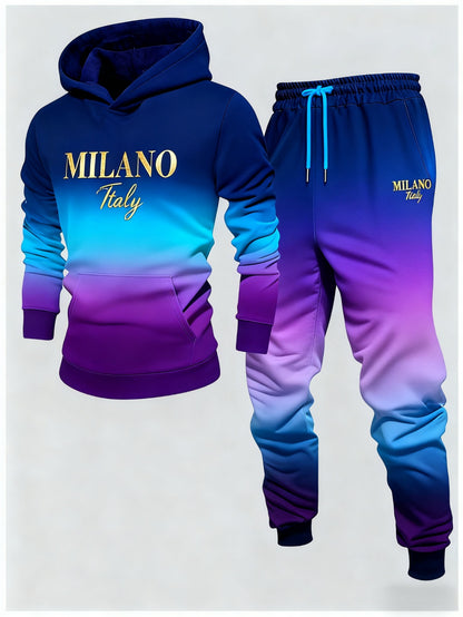 2pcs Men's Gradual Change Hooded Tracksuit - Winter Gradual Change /purple//black/ Tracksuit, Soft Jogging Suit with Hood and Pockets, Casual Street Fitness Suit (machine Washable) Christmas Gift