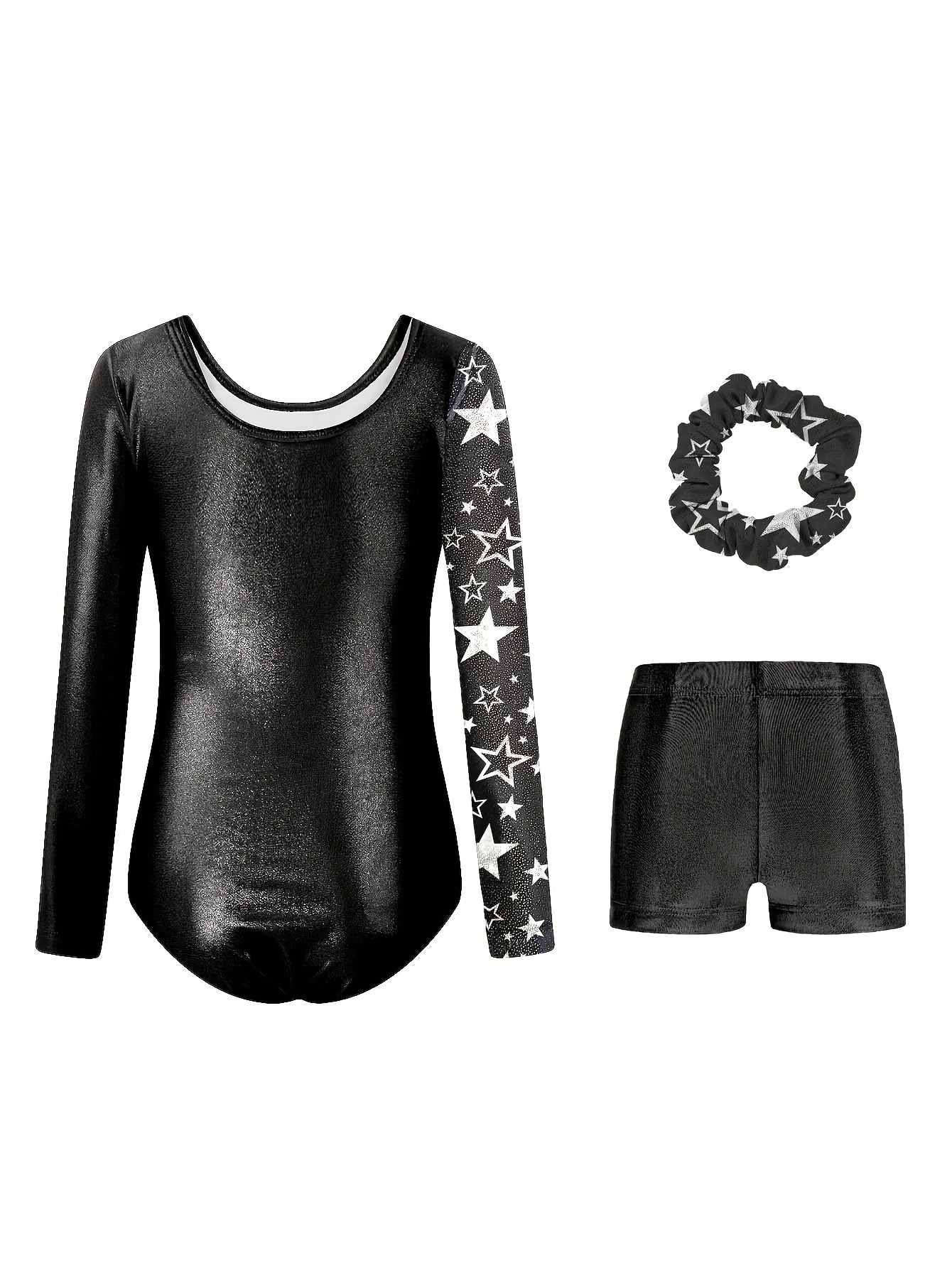 Girls' 3pcs Gymnastics Leotard Set with Stars Pattern, Long Sleeve Bodysuit & Matching Shorts - Includes Hairband, Stretchy & Breathable Fabric for Dance Training, Perfect for Outdoor, All Seasons, Gift for Back-to-School Season, Beach Essentials