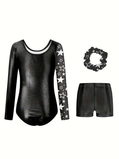 Girls' 3pcs Gymnastics Leotard Set with Stars Pattern, Long Sleeve Bodysuit & Matching Shorts - Includes Hairband, Stretchy & Breathable Fabric for Dance Training, Perfect for Outdoor, All Seasons, Gift for Back-to-School Season, Beach Essentials