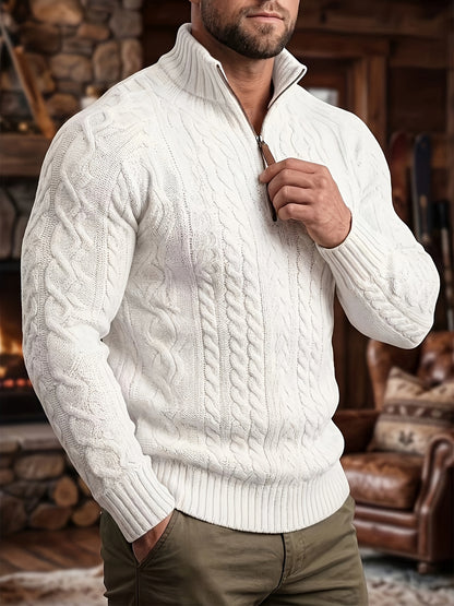 Trendy Half-Zippered Stand-Collar Warm Knitted Sweater with Hemp Pattern
