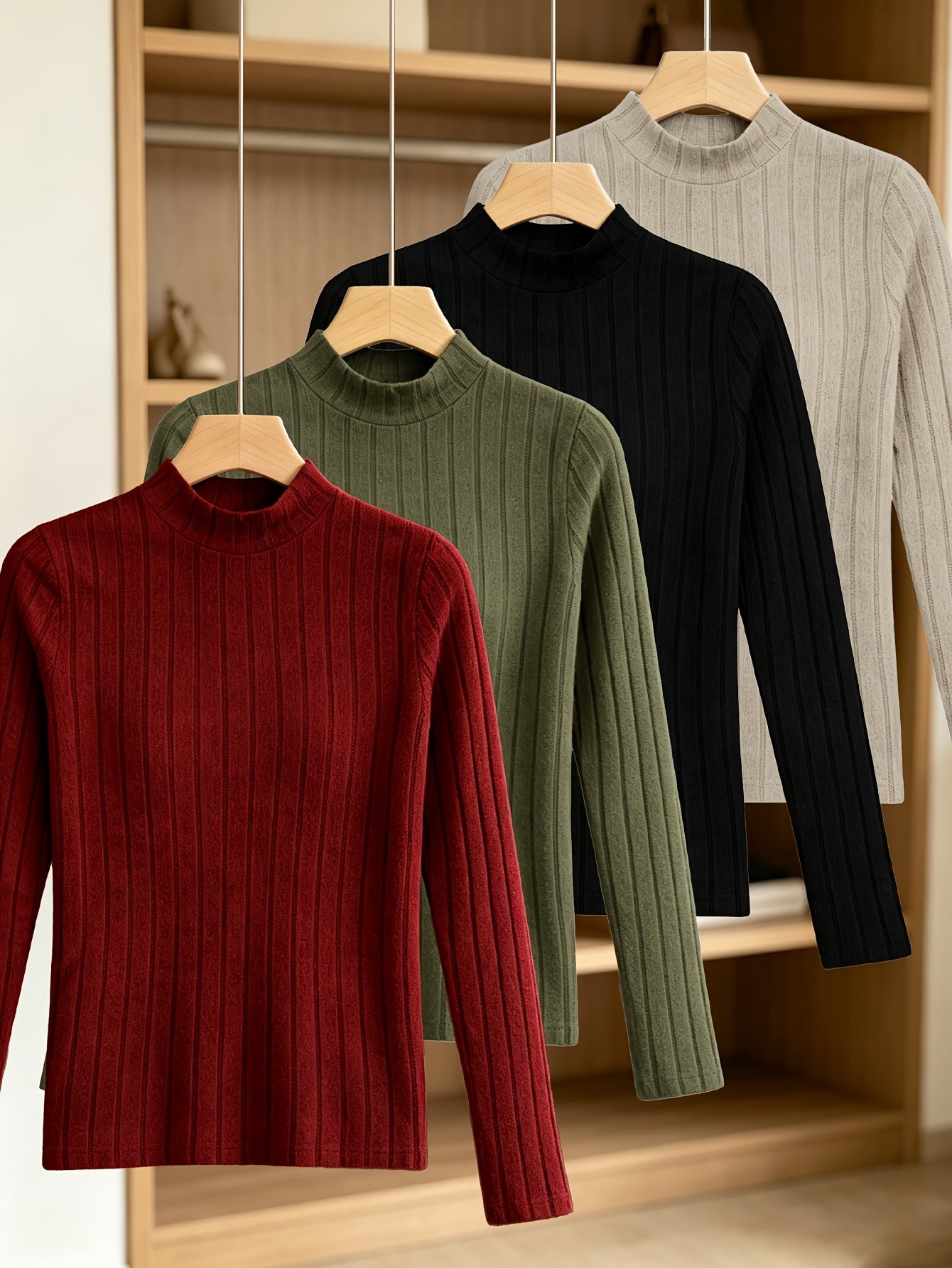 4 Elegant Slim Fit High Neck Long Sleeved T-Shirts for Women - Solid Color Ribbed Top, Machine Washable And Dry Cleanable, Suitable for Casual And Formal Wear All Year Round, Medium Elasticity