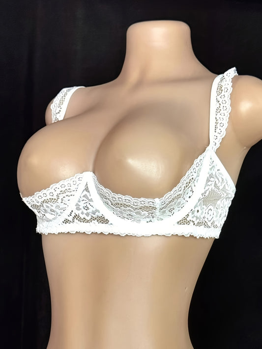Women's White Lace Sexy Half Cup Underwire Bra with Adjustable Shoulder Straps for Comfy Lingerie