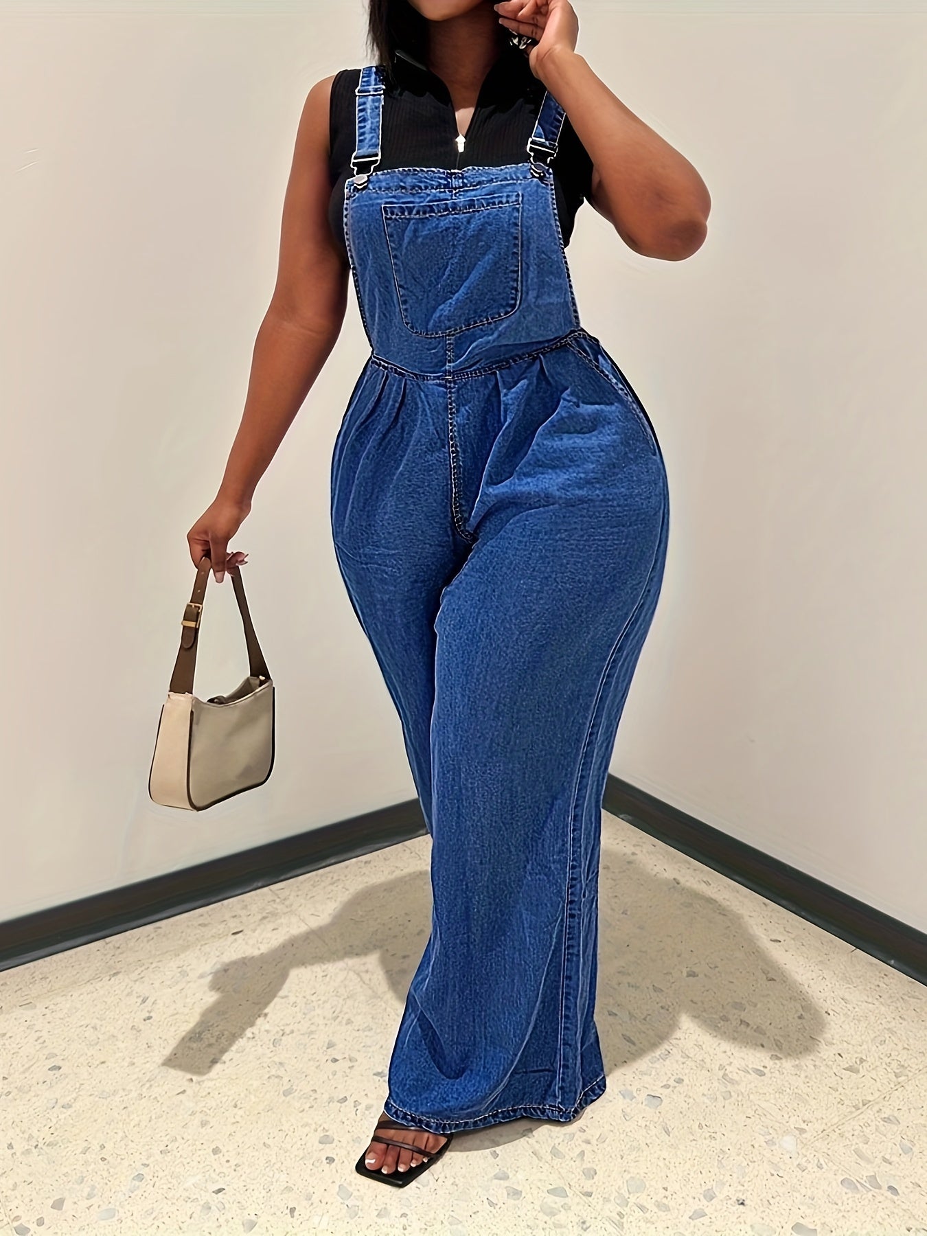 Women's Denim Overalls - Loose-Fit Sleeveless Casual Style With Side Pockets, Wide-Leg Jumpsuit Dungarees