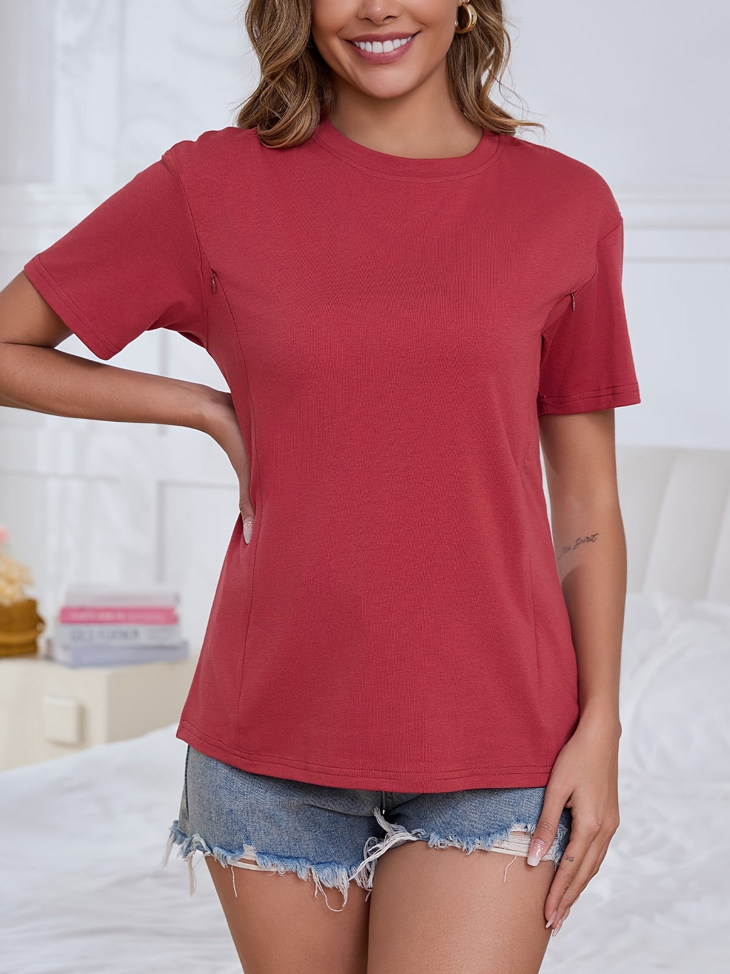 Women'S Short Sleeve Nursing Shirts for Breastfeeding Hidden Zippers Maternity Nursing Tops
