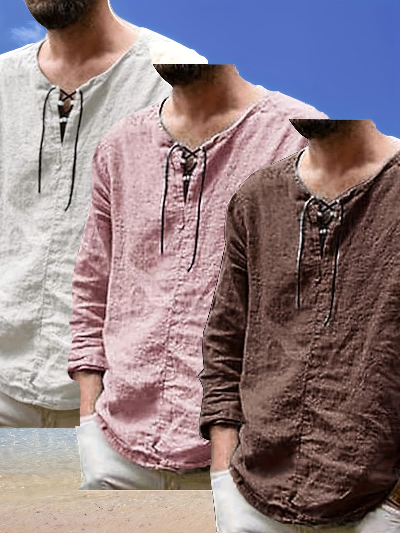 Collection of 3 Lightweight Summer Shirts for Men Featuring a Trendy Retro Design, Perfect for Casual Everyday Wear with Long Sleeves And a V-Neck Lace-Up Style