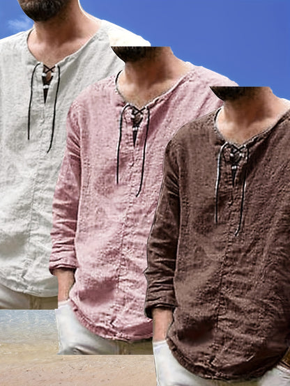 Collection of 3 Lightweight Summer Shirts for Men Featuring a Trendy Retro Design, Perfect for Casual Everyday Wear with Long Sleeves And a V-Neck Lace-Up Style