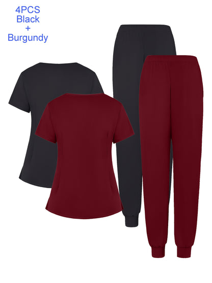 4pcs Set Of Multi-color Women's Round Neck Zipper Matte Breathable Sports Uniform Pocket Hand Washing Work Clothes Brush Hand Clothes Tying Feet Pants Set