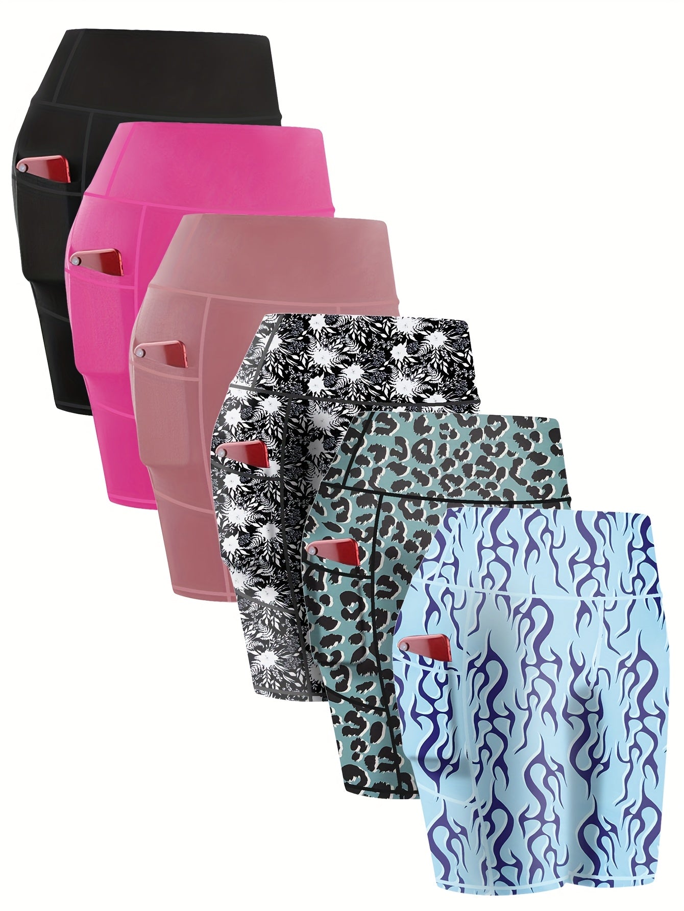 6-pack Large Size Sport Shorts For Women, Fashionable Casual Shorts, High-waist High-stretch Yoga Shorts, 5-inch Shorts With Phone Pocket