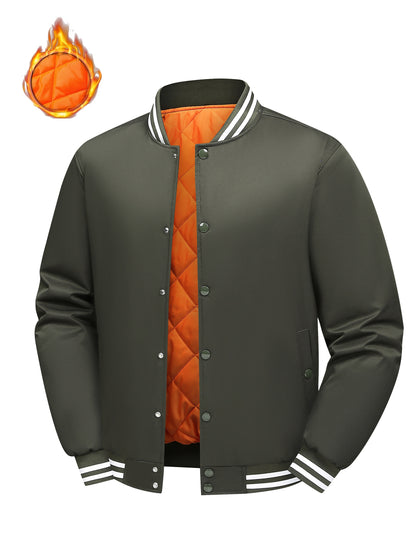 Men'S Plus Size Olive Green Varsity Jacket with Orange Accents - Thick, Warm, and Stylish for Fall/Winter, Baseball Collar, Button-Up Front, Side Pockets, Casual & Outdoor Wear, PLUS SIZE