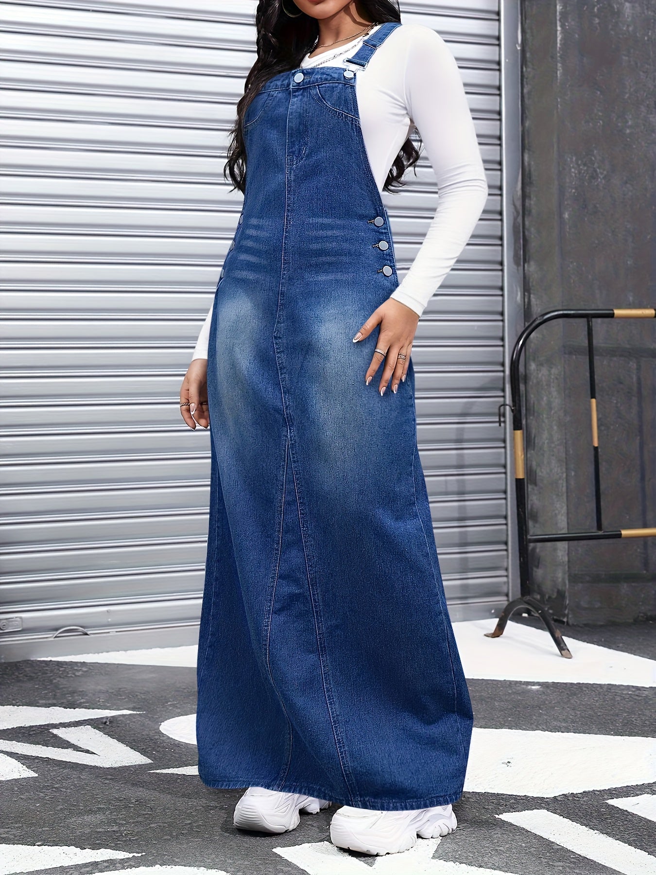 American Street Trend Women's Denim Overalls Skirt Jean Skirts for Women, Loose And Comfortable, Versatile for Commuting, Multi-breasted, Detachable Shoulder Straps, Long Skirt