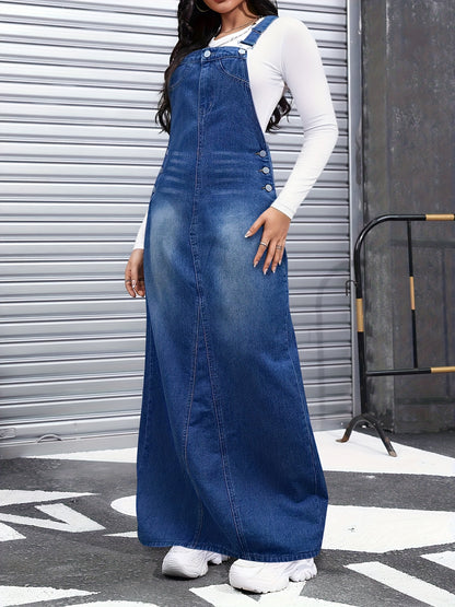 American Street Trend Women's Denim Overalls Skirt Jean Skirts for Women, Loose And Comfortable, Versatile for Commuting, Multi-breasted, Detachable Shoulder Straps, Long Skirt